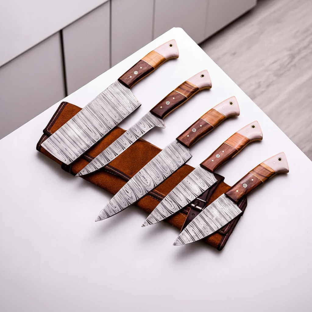 5-Piece Damascus Knife Set Flat Lay