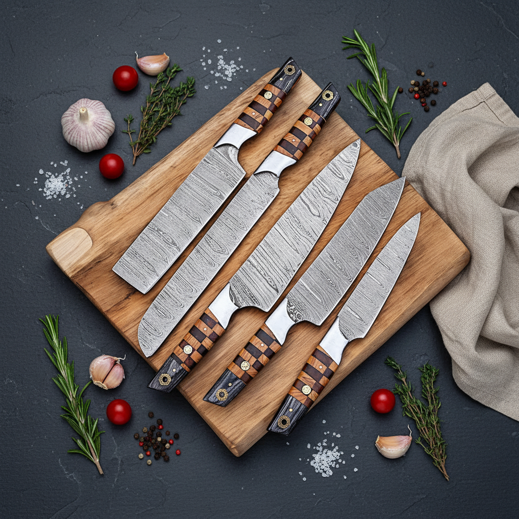 5-Piece Damascus Knife Set — Lifestyle Flat Lay