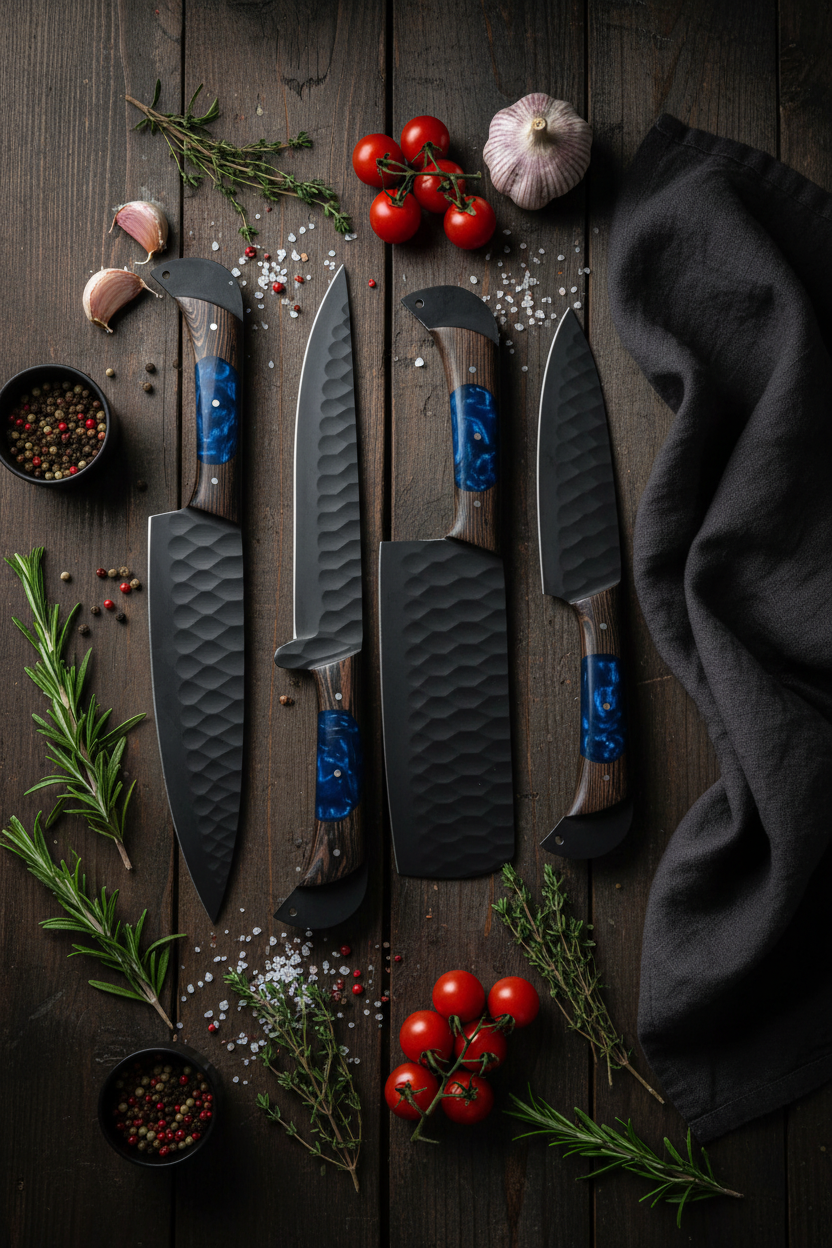 5-Piece Hammered Black Steel Knife Set — Lifestyle Flat Lay