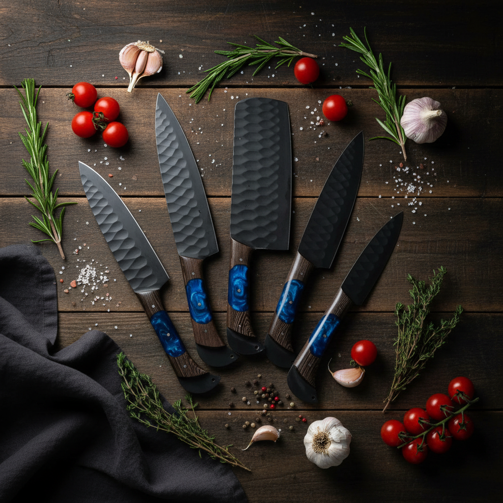 5-Piece Hammered Knife Set — Full Flat Lay