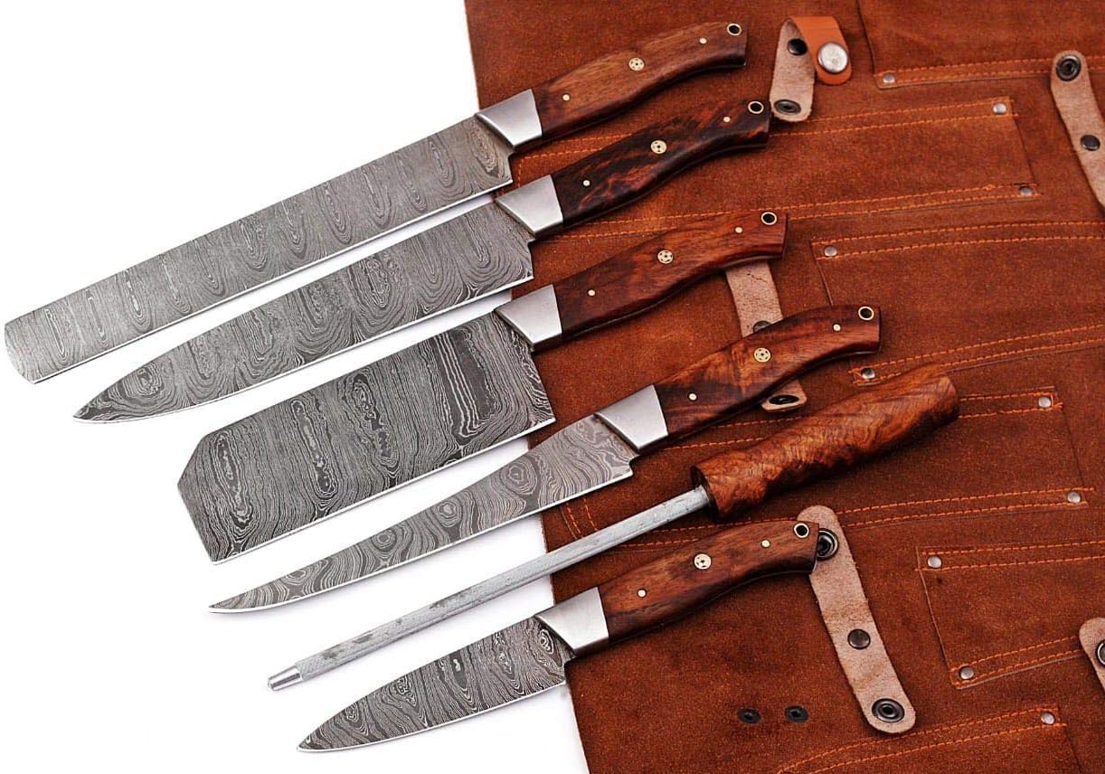 Aurelios Edge 6-Piece Damascus Kitchen Knife Set with Rosewood Handle & Leather Roll