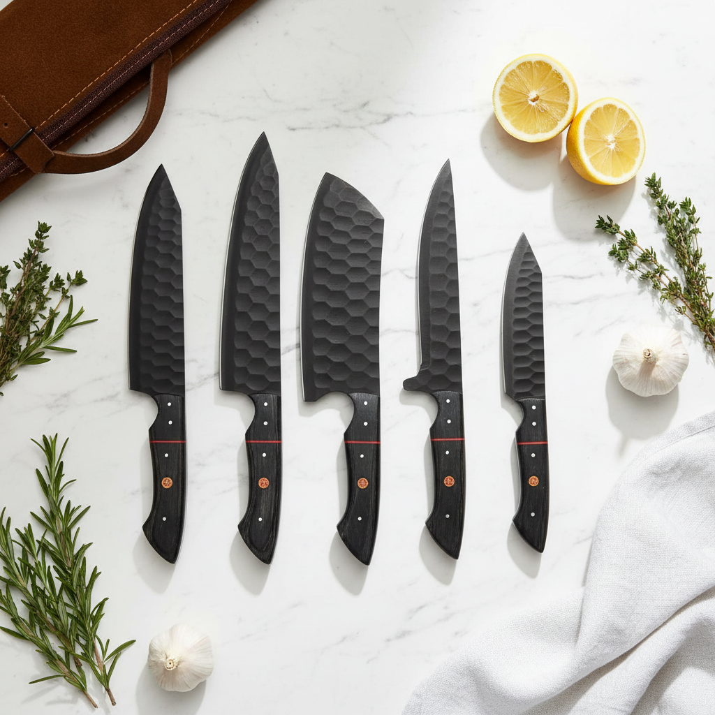 Black Carbon Steel 5-Piece Knife Set – White Marble Flat Lay