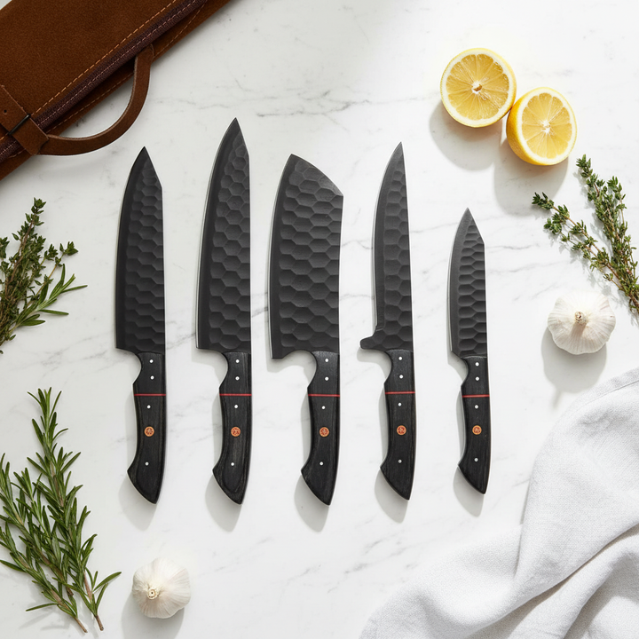 Black Carbon Steel 5-Piece Knife Set – White Marble Flat Lay