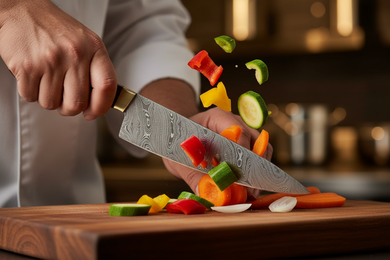 Chef Chopping Vegetables with Damascus Santoku Knife