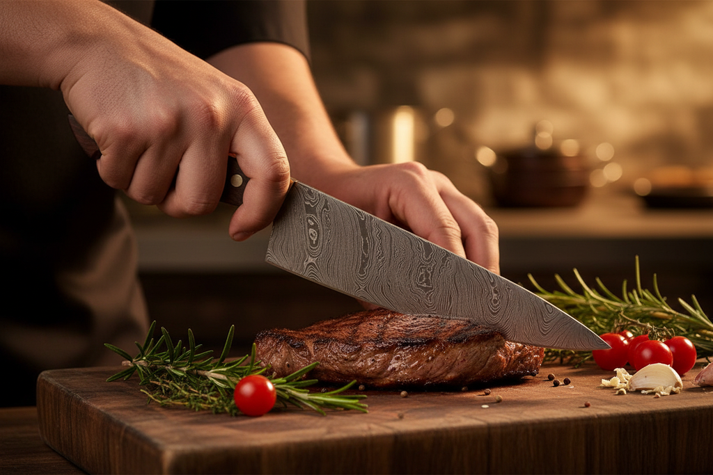 Chef in Action with Damascus Knife Set