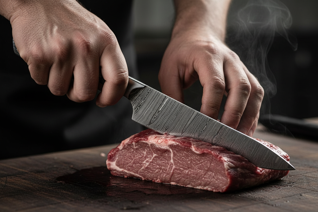 Close-Up Meat Carving — Damascus Knife