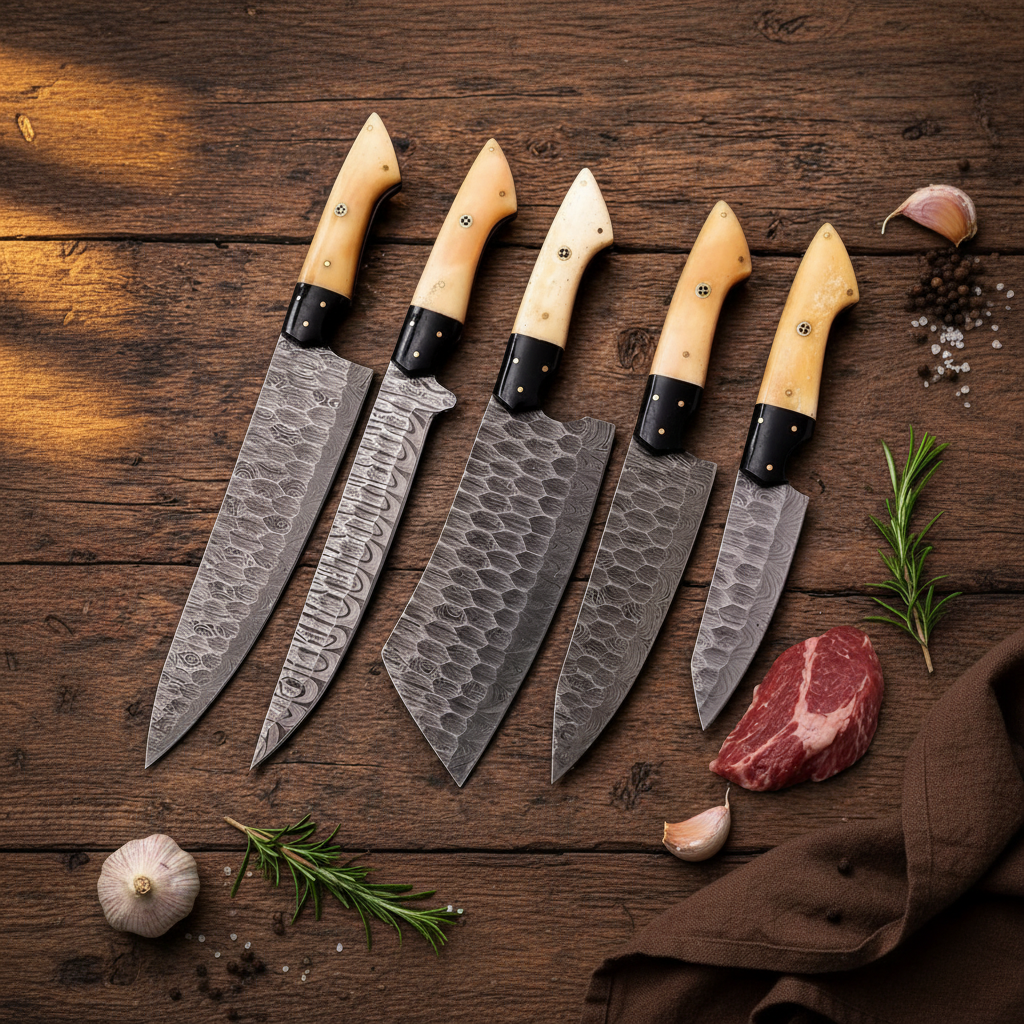 Damascus Bone Handle Chef Knife Set – Lifestyle Flat Lay
