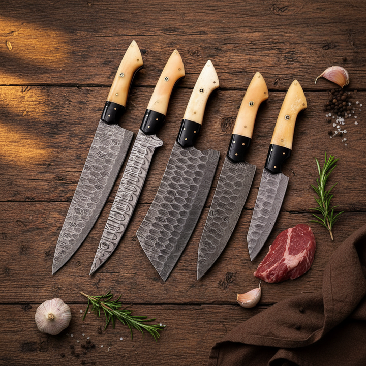 Damascus Bone Handle Chef Knife Set – Lifestyle Flat Lay
