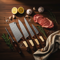 Damascus Bone & Rosewood 7-Piece Chef Knife Set with Honing Rod – Lifestyle Flat Lay