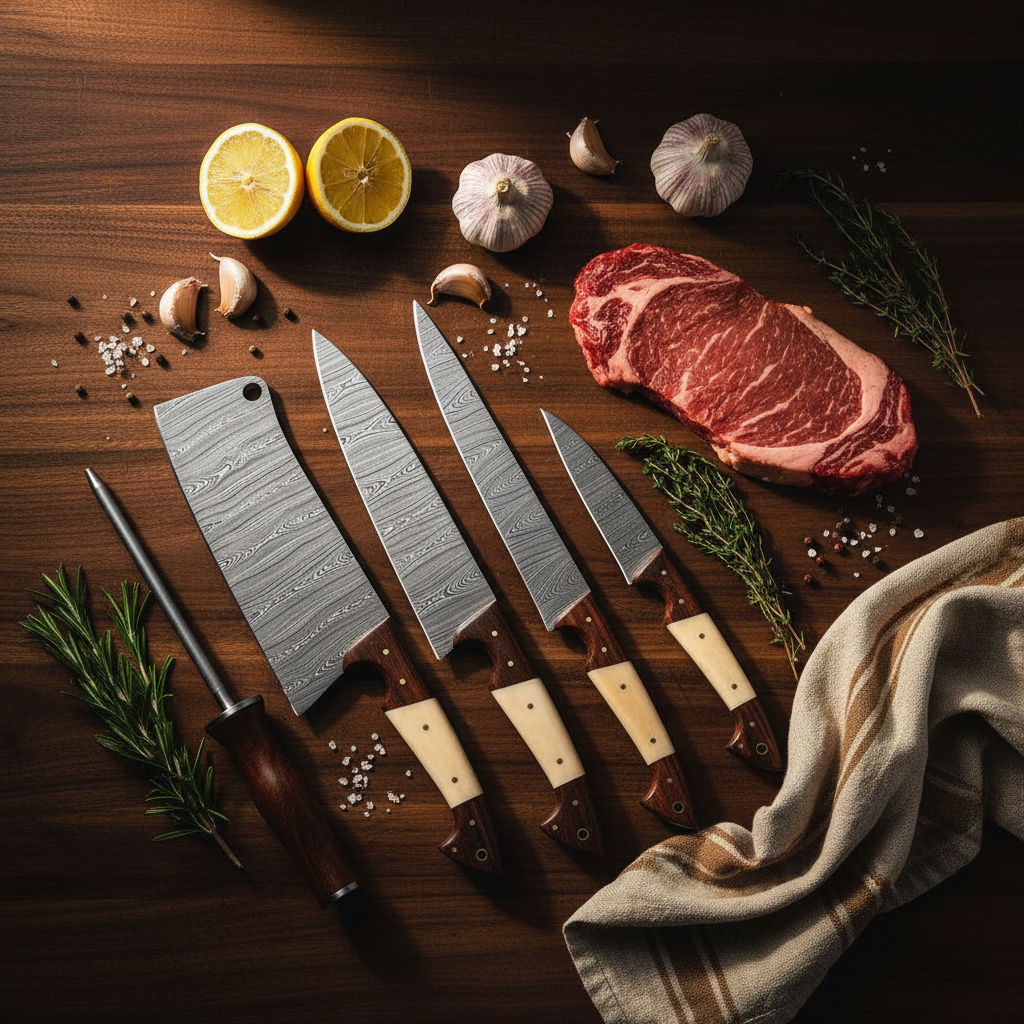 Damascus Bone & Rosewood 7-Piece Chef Knife Set with Honing Rod – Lifestyle Flat Lay