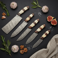 Damascus Bone & Walnut Striped Handle Chef Knife Set – Lifestyle Flat Lay