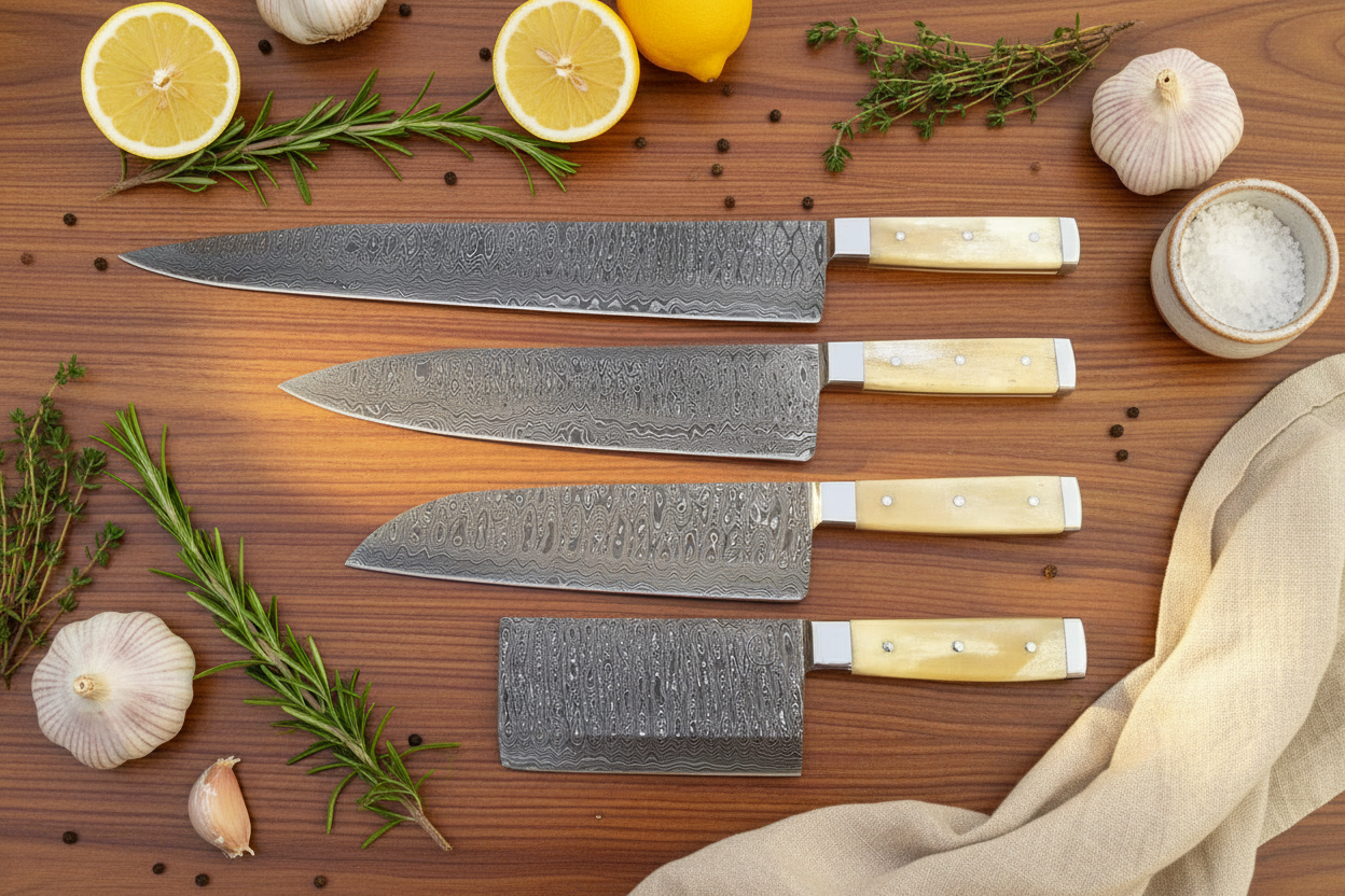 Damascus Camel Bone Handle Chef Knife Set – Lifestyle Flat Lay
