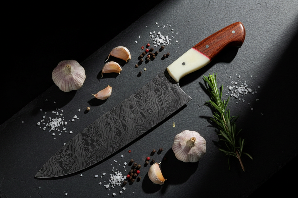 Damascus Chef Knife Dark Moody Lifestyle