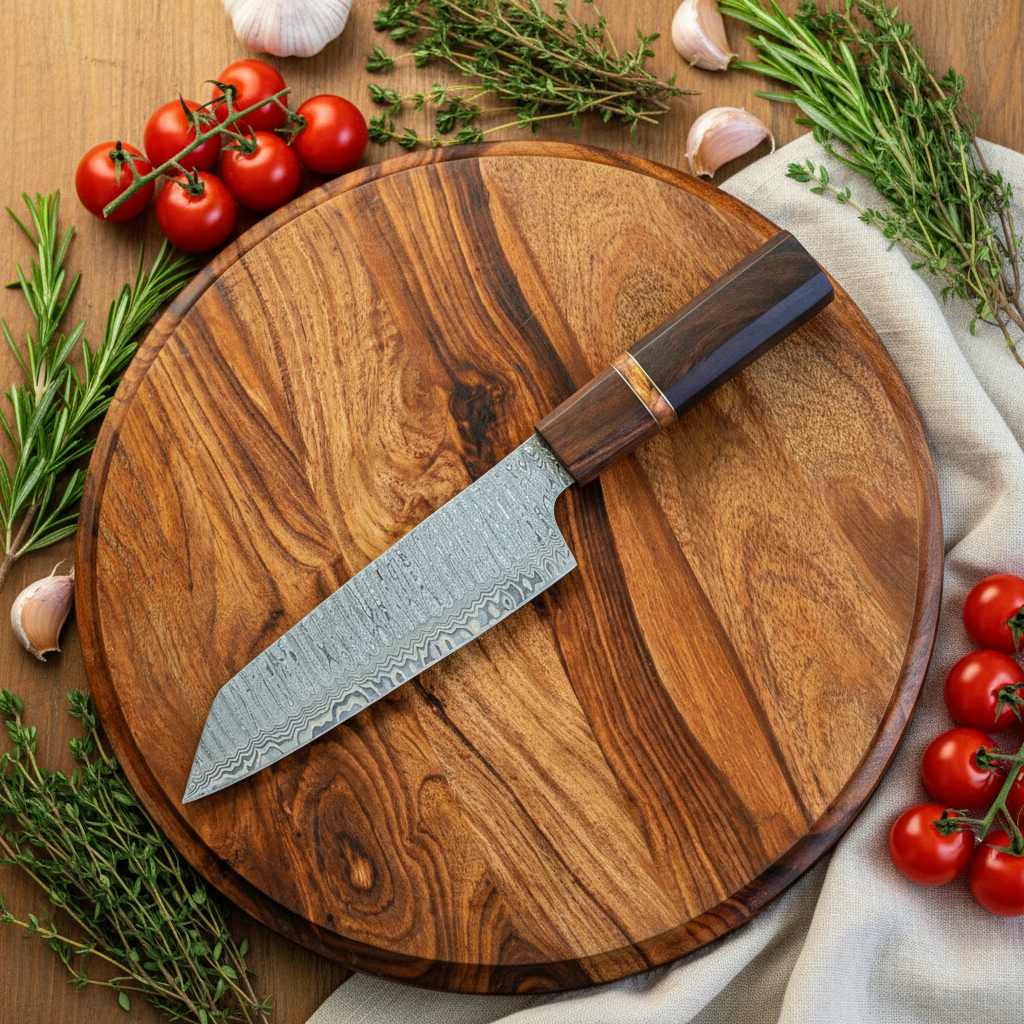 Damascus Chef Knife Flat Lay