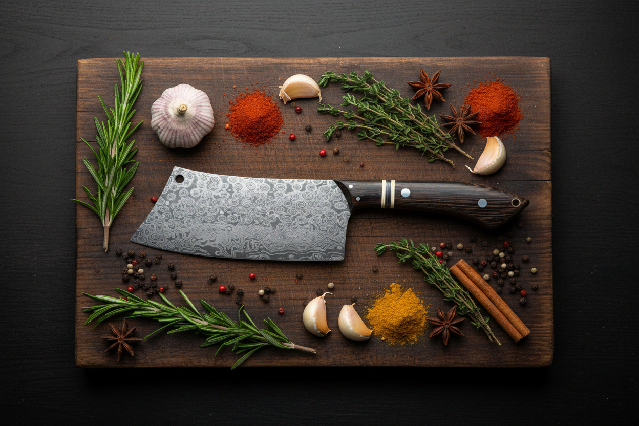 Damascus Cleaver Flat Lay