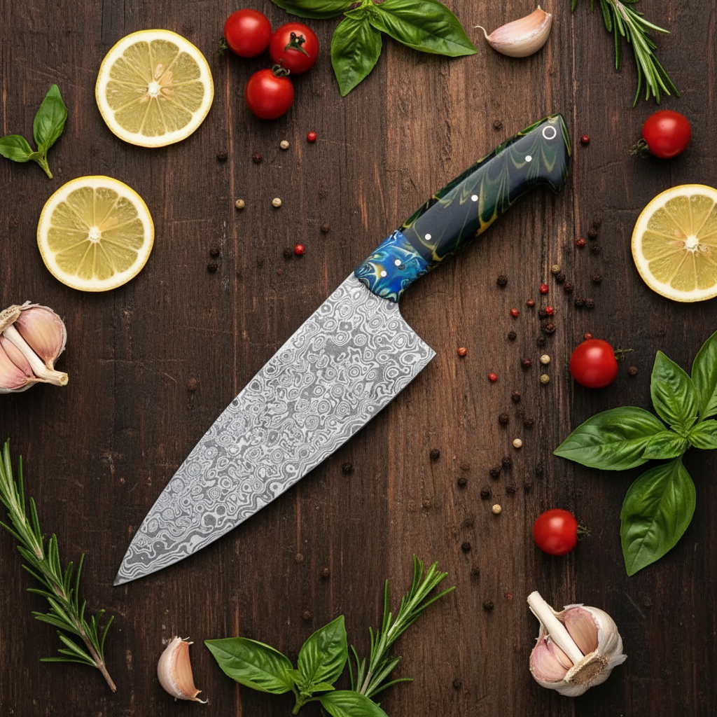 Damascus Knife Flat Lay with Ingredients