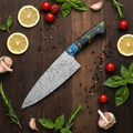 Damascus Knife Flat Lay with Ingredients