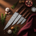 Damascus Rosewood Handle 4-Piece Chef Knife Set – Lifestyle Flat Lay
