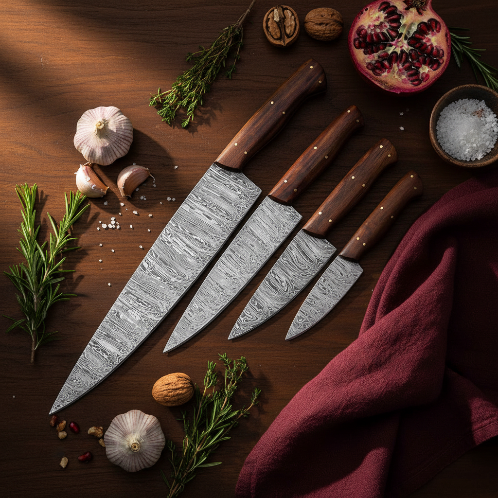Damascus Rosewood Handle 4-Piece Chef Knife Set – Lifestyle Flat Lay
