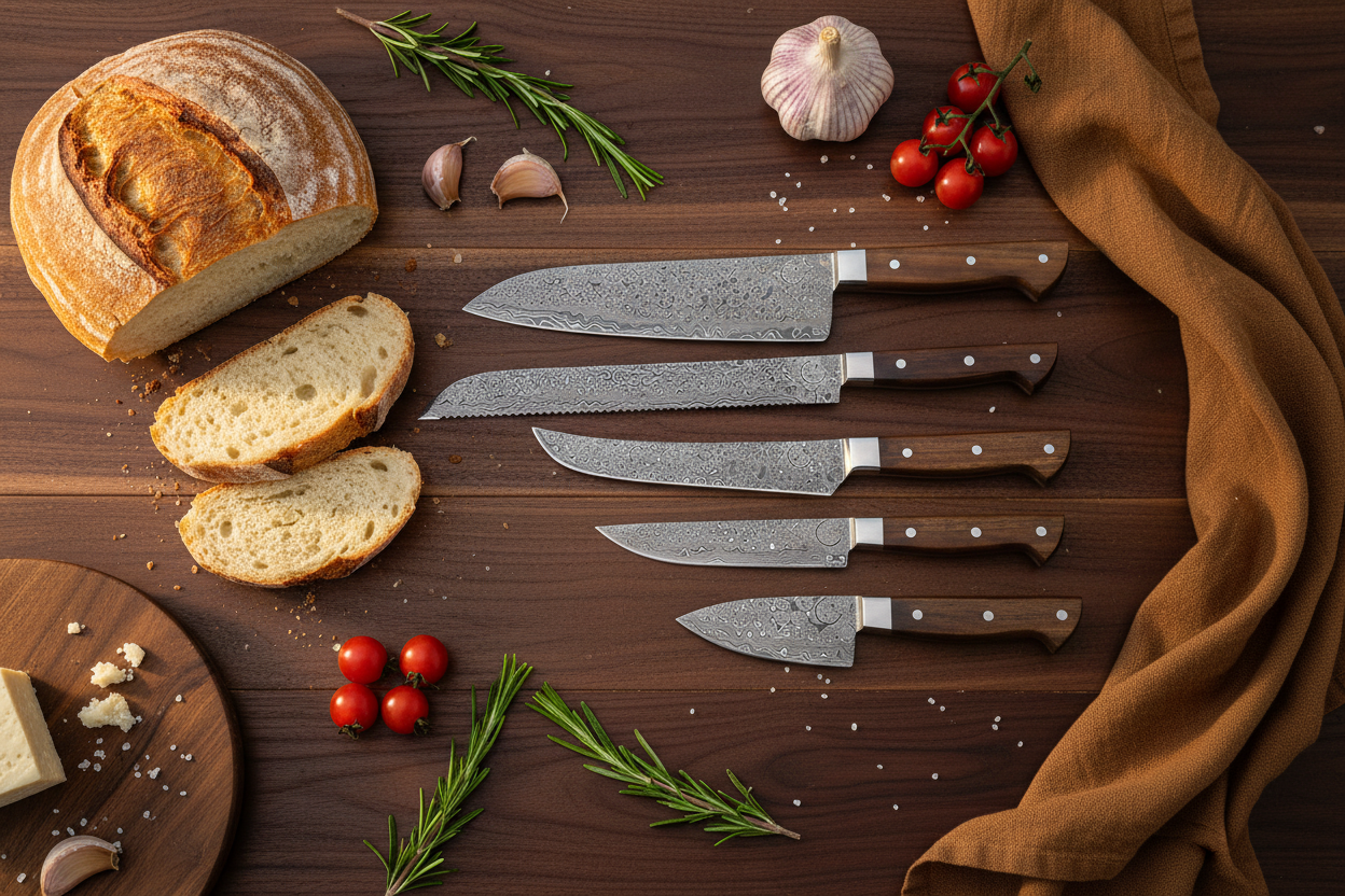 Damascus Walnut Handle 5-Piece Kitchen Knife Set – Lifestyle Flat Lay