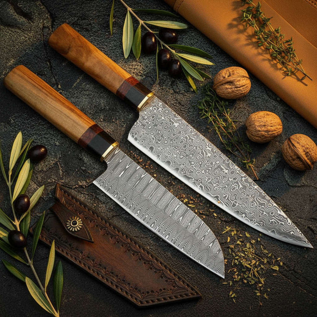 Embercut Blades — 2-Piece Damascus Knife Set with Leather Sheath Lifestyle Flat Lay