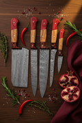 Embercut Blades — 5-Piece Red Handle Damascus Knife Set Lifestyle Flat Lay
