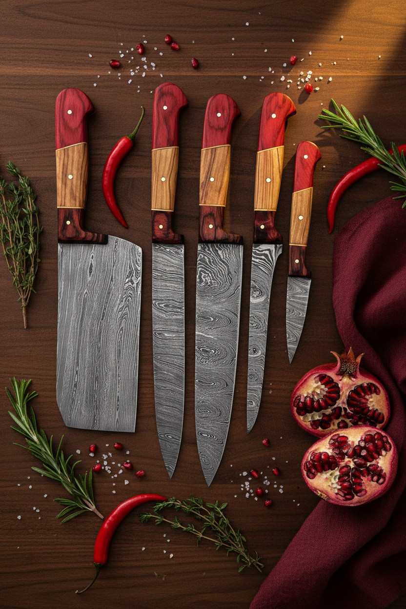 Embercut Blades — 5-Piece Red Handle Damascus Knife Set Lifestyle Flat Lay