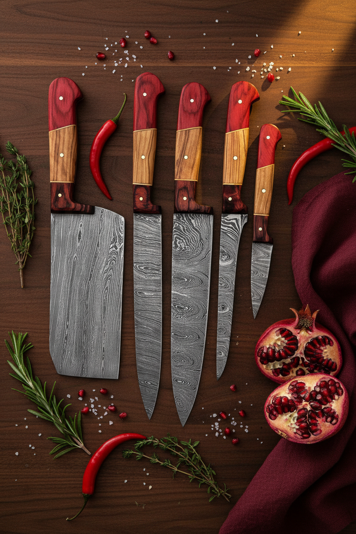 Embercut Blades — 5-Piece Red Handle Damascus Knife Set Lifestyle Flat Lay