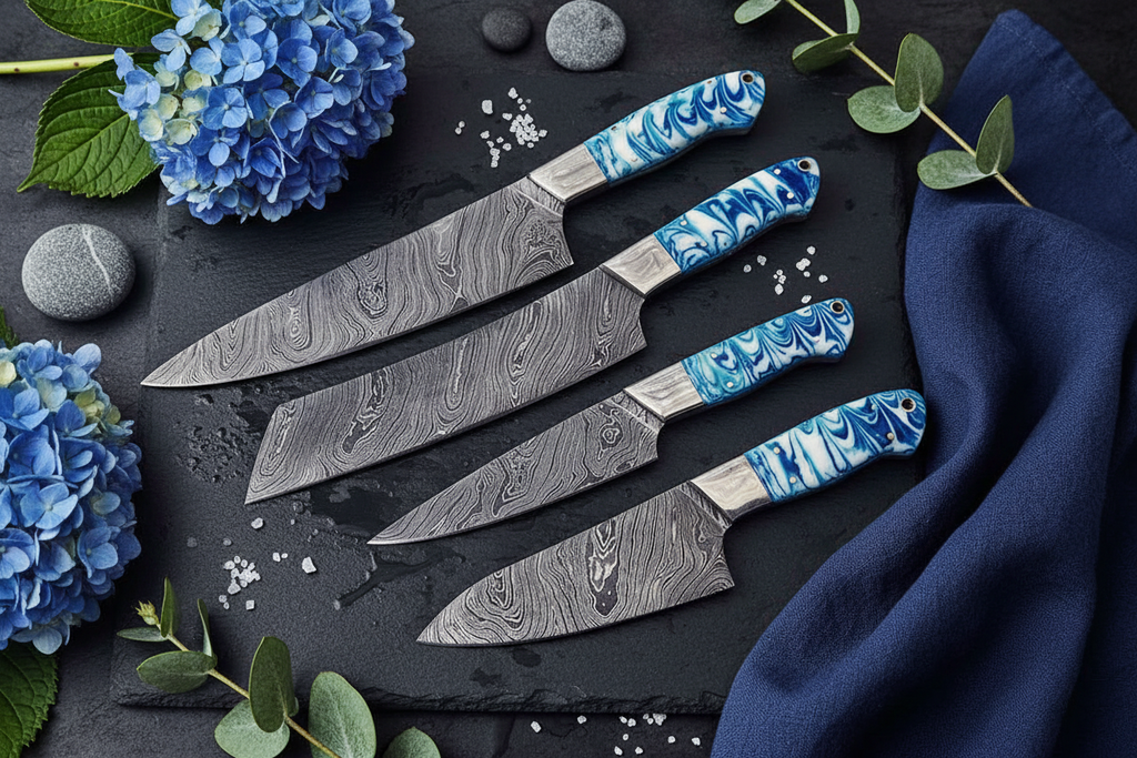 Embercut Blades — All 4 Blue Resin Damascus Knives Flat Lay