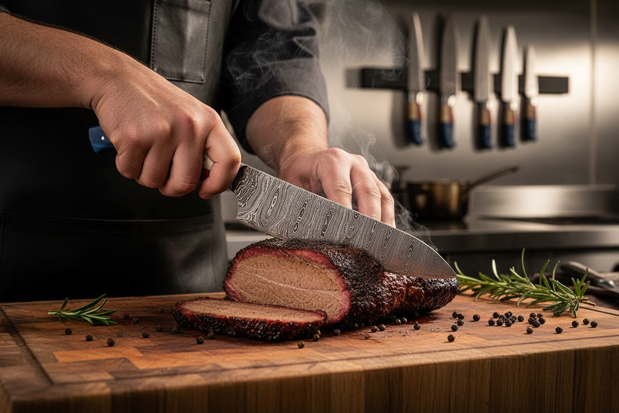 Embercut Blades — Chef in Action Slicing Brisket with Texas Flag Damascus Knife