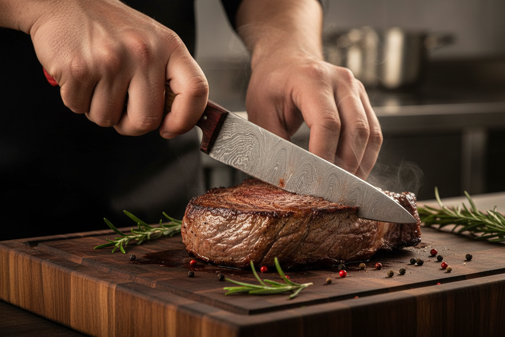 Embercut Blades — Chef in Action Slicing Ribeye with Red Handle Damascus Knife
