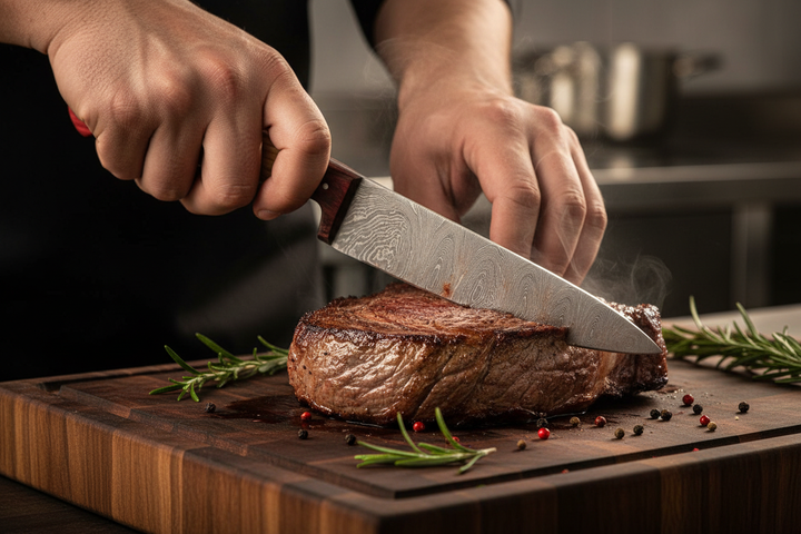 Embercut Blades — Chef in Action Slicing Ribeye with Red Handle Damascus Knife