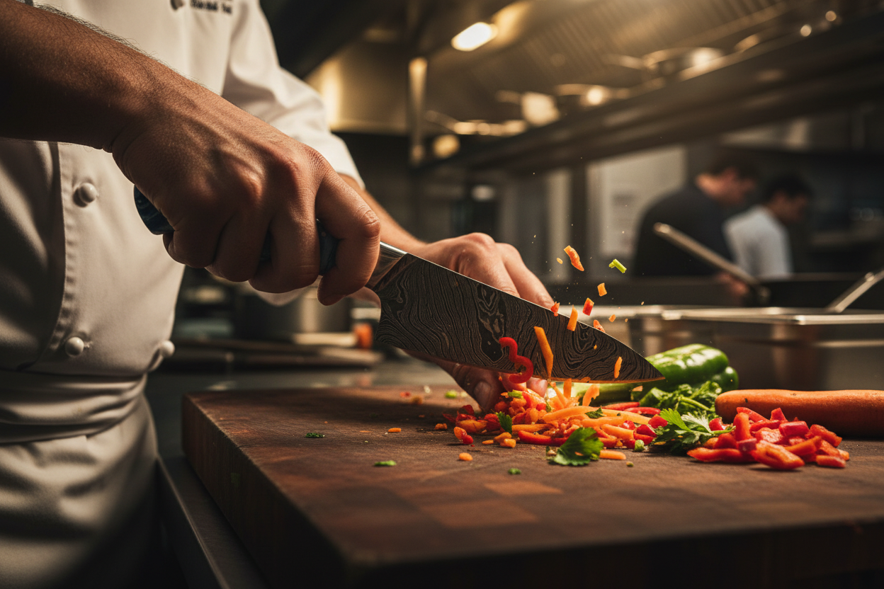 Embercut Blades — Chef in Action with Blue Resin Damascus Knife