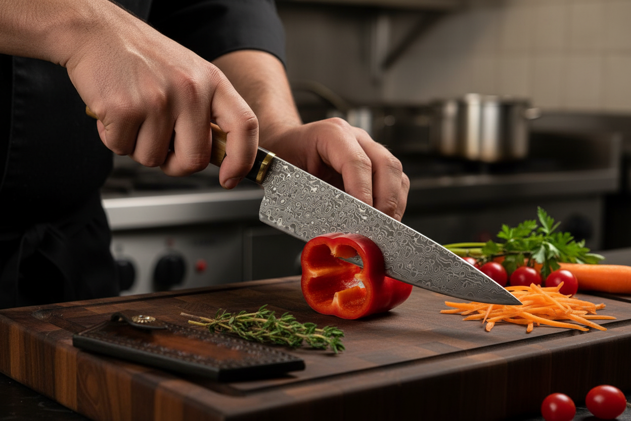 Embercut Blades — Chef in Action with Damascus Olive Wood Knife