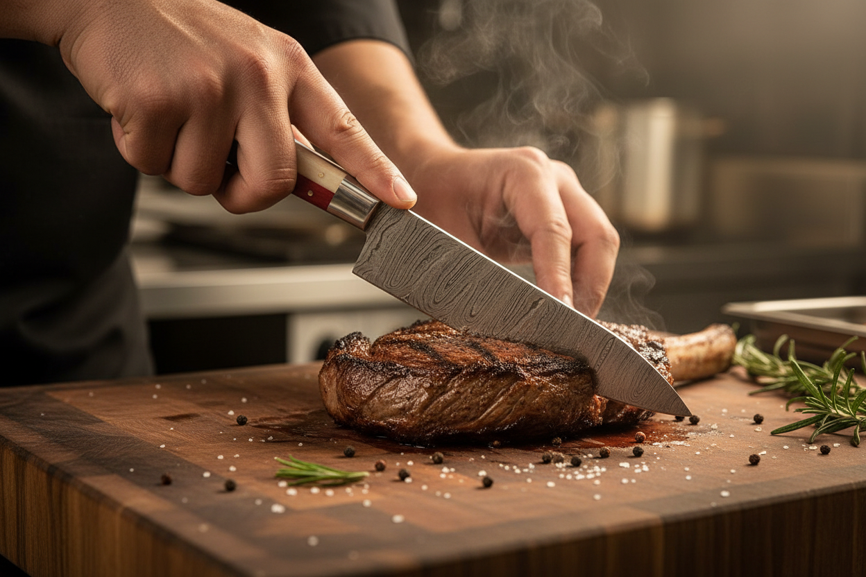 Embercut Blades — Chef in Action with Patriotic Damascus Knife