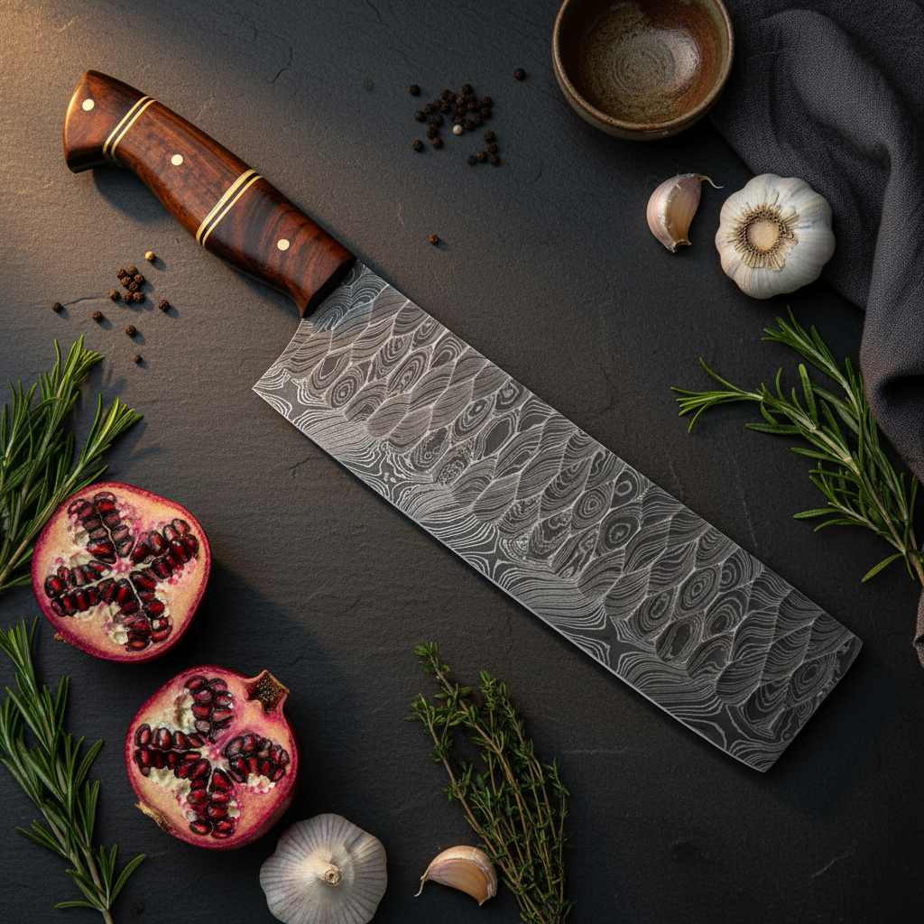 Embercut Blades — Damascus Cleaver Lifestyle Flat Lay