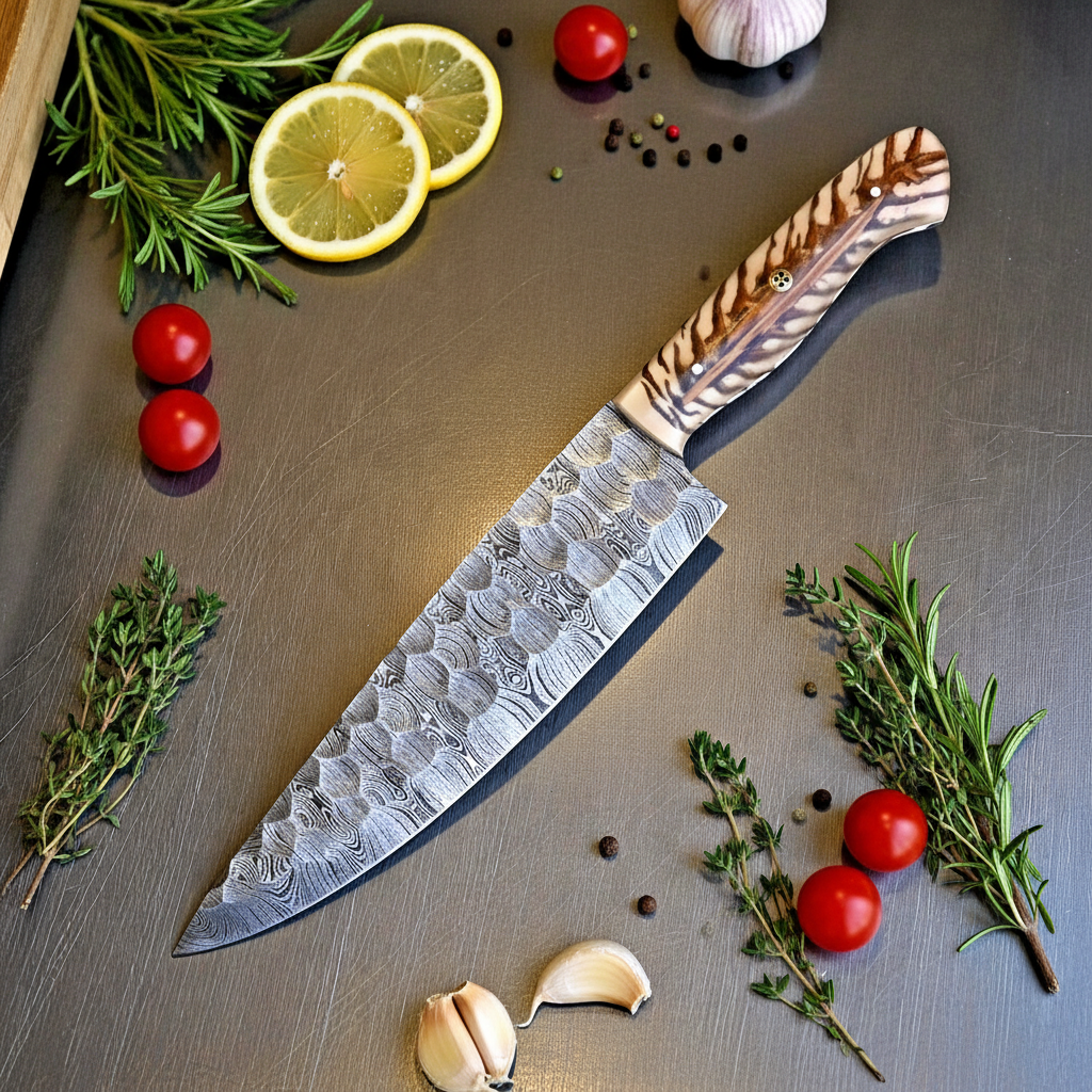 Hammered Damascus Knife Flat Lay