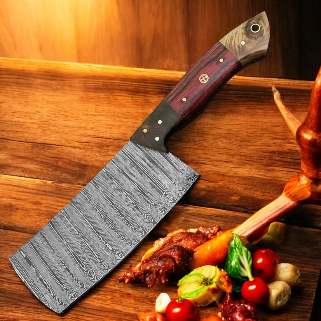 Knife with a wooden handle on a wooden surface with food