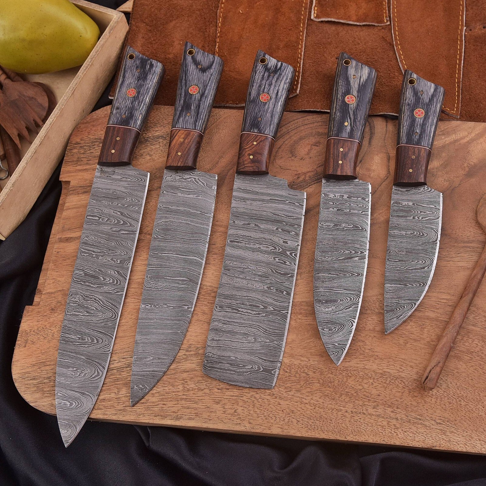 Shadowpine Forge 5-Piece Damascus Kitchen Knife Set with Pakka & Rosewood Handles