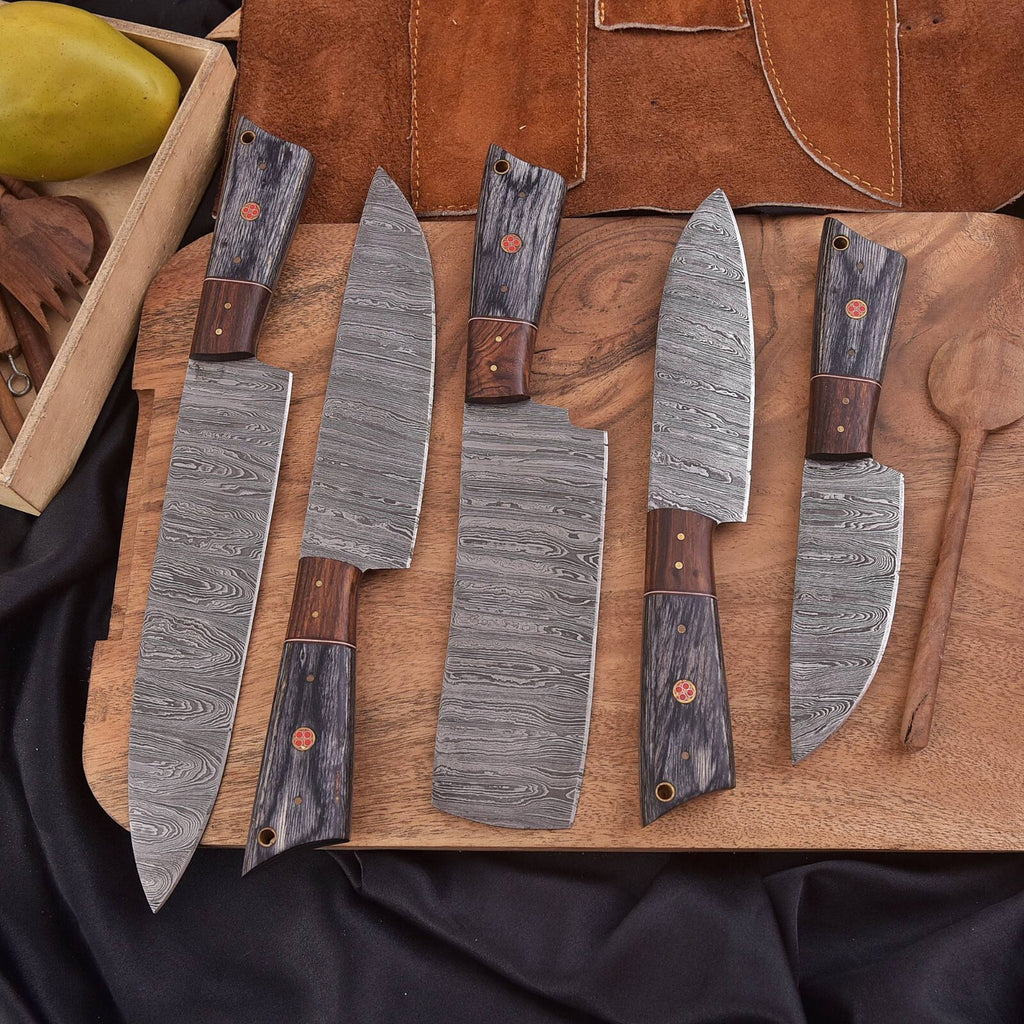 Shadowpine Forge 5-Piece Damascus Kitchen Knife Set with Pakka & Rosewood Handles