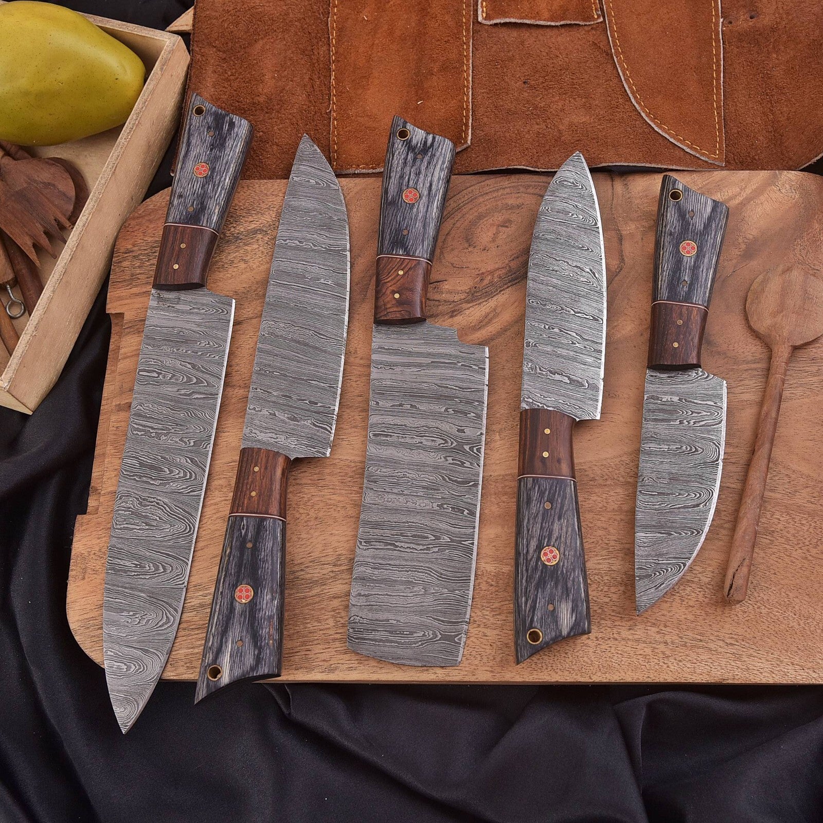 Shadowpine Forge 5-Piece Damascus Kitchen Knife Set with Pakka & Rosewood Handles