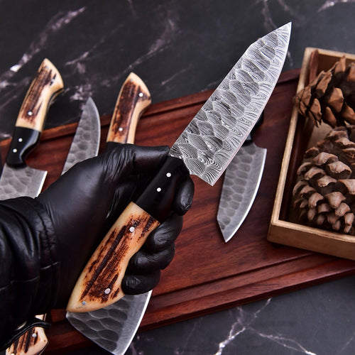 5 Pcs Hand Forged Damascus Steel Kitchen Knife Set – Antler Horn & Black Buffalo Horn Handle