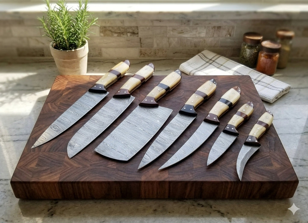 7 Pcs Damascus Steel Kitchen Knife Set – Bone & Rosewood Handle