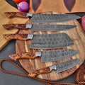 Emberfang Forge 5-Piece Hand Forged Damascus Kitchen Knife Set with Engraved Rosewood Handles
