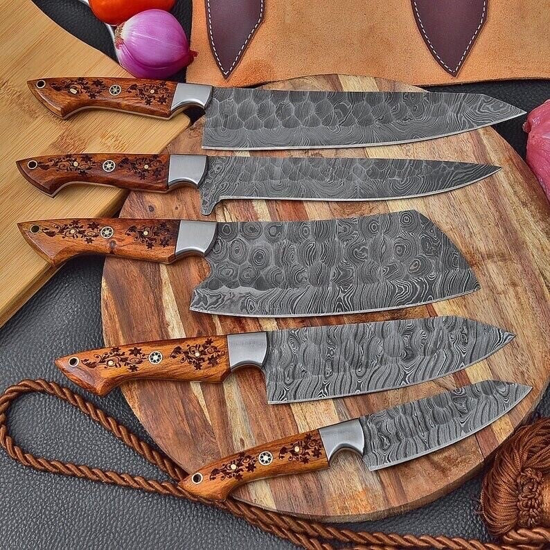 Emberfang Forge 5-Piece Hand Forged Damascus Kitchen Knife Set with Engraved Rosewood Handles
