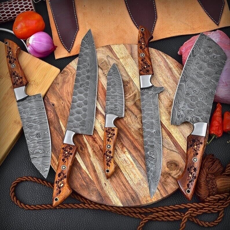Emberfang Forge 5-Piece Hand Forged Damascus Kitchen Knife Set with Engraved Rosewood Handles