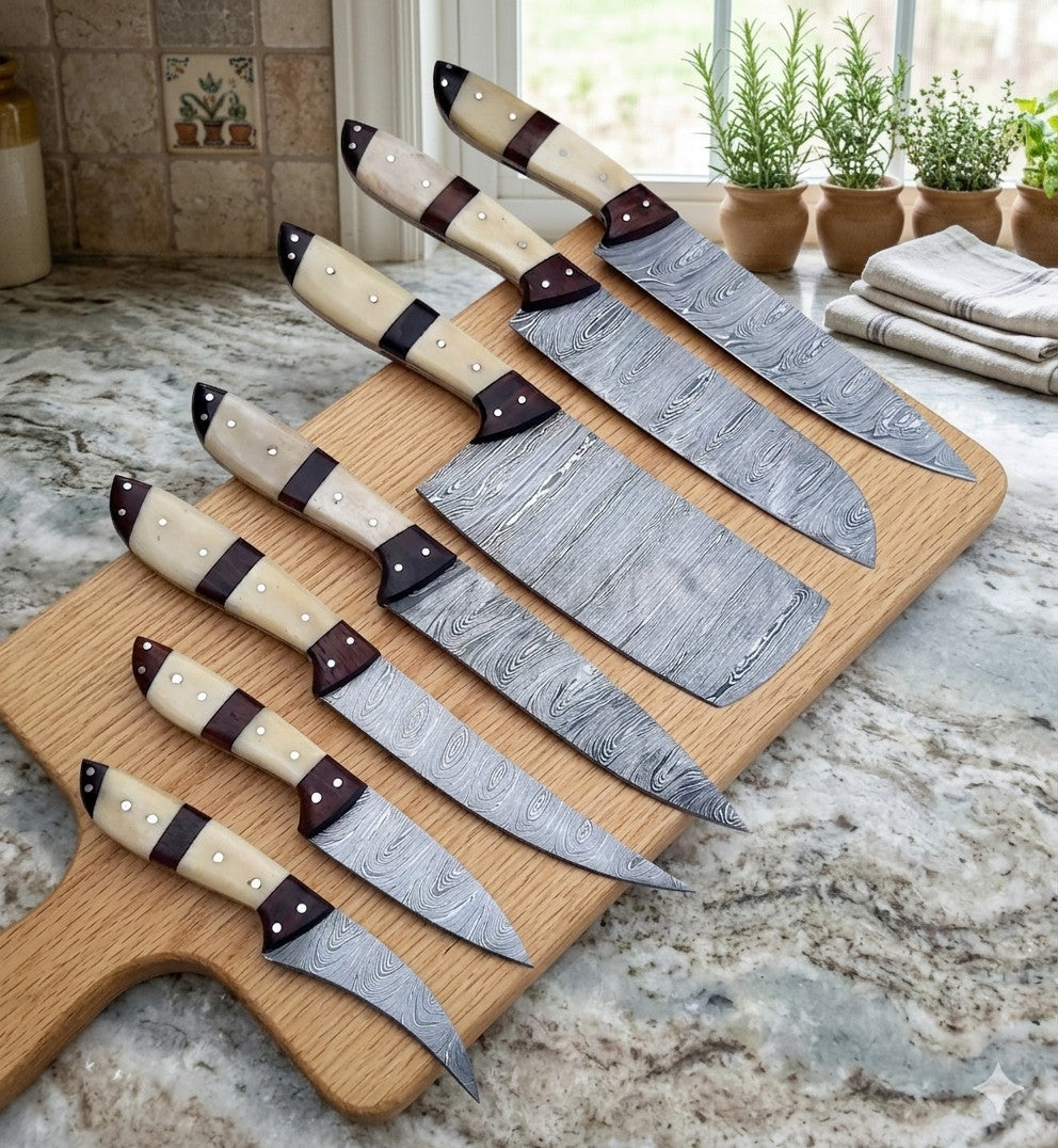 7 Pcs Damascus Steel Kitchen Knife Set – Bone & Rosewood Handle