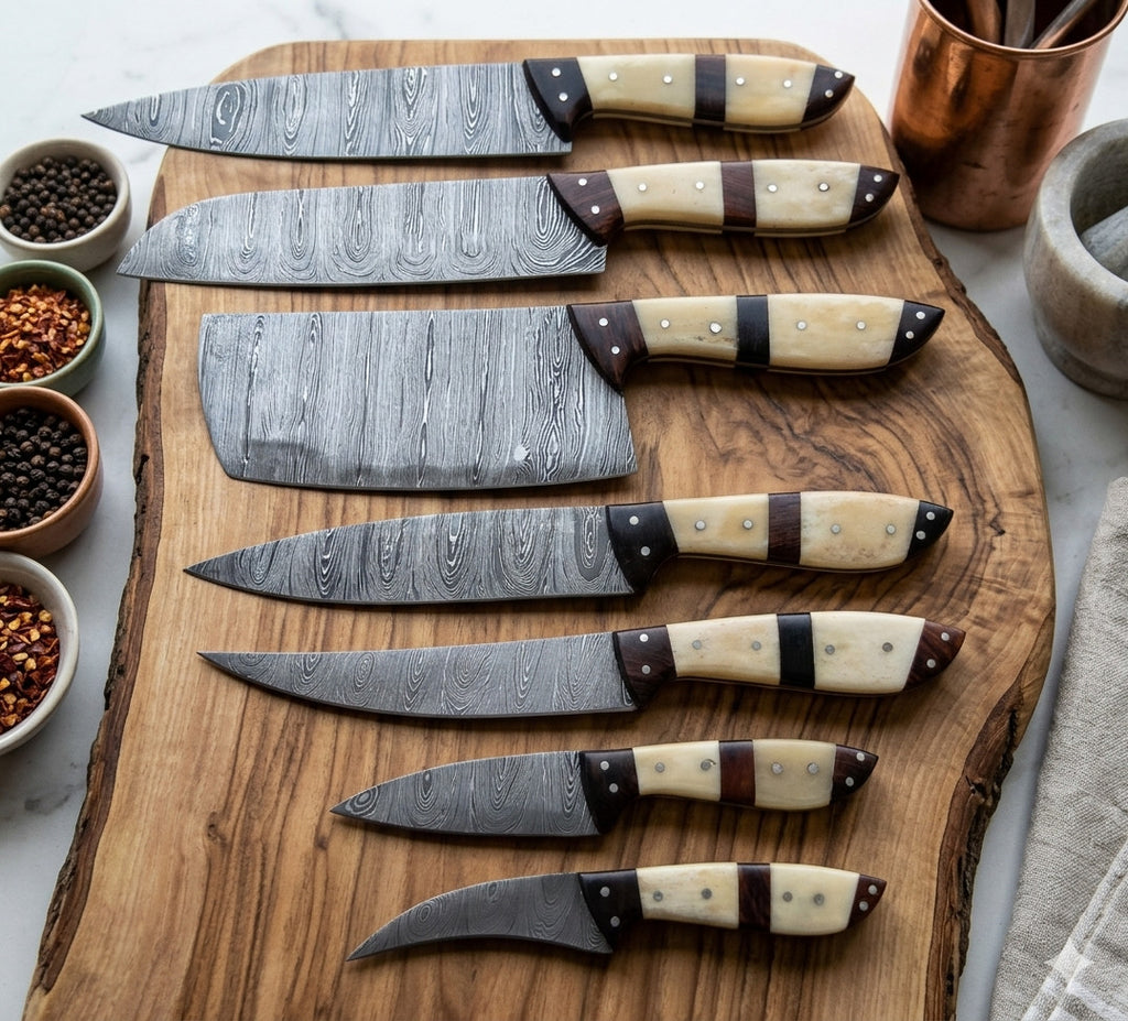 7 Pcs Damascus Steel Kitchen Knife Set – Bone & Rosewood Handle