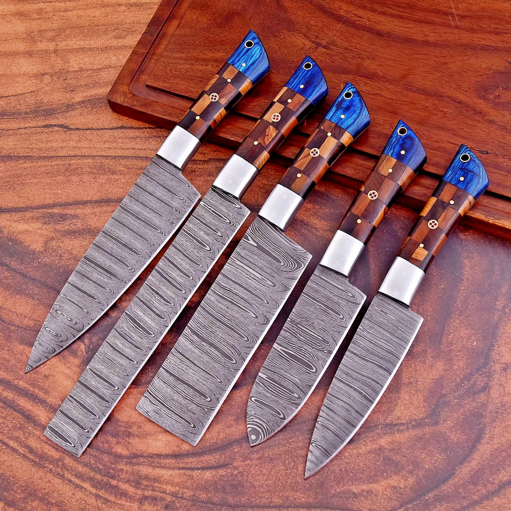 5 Pcs Hand Forged Damascus Steel Kitchen Knife Set – Olive, Rosewood & Pakka Wood Handle with Steel Bolster