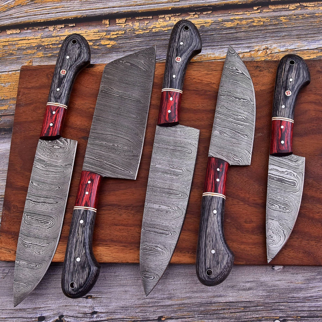 5 Pcs Twisted Damascus Steel Kitchen Knife Set – Pakka Wood Handle